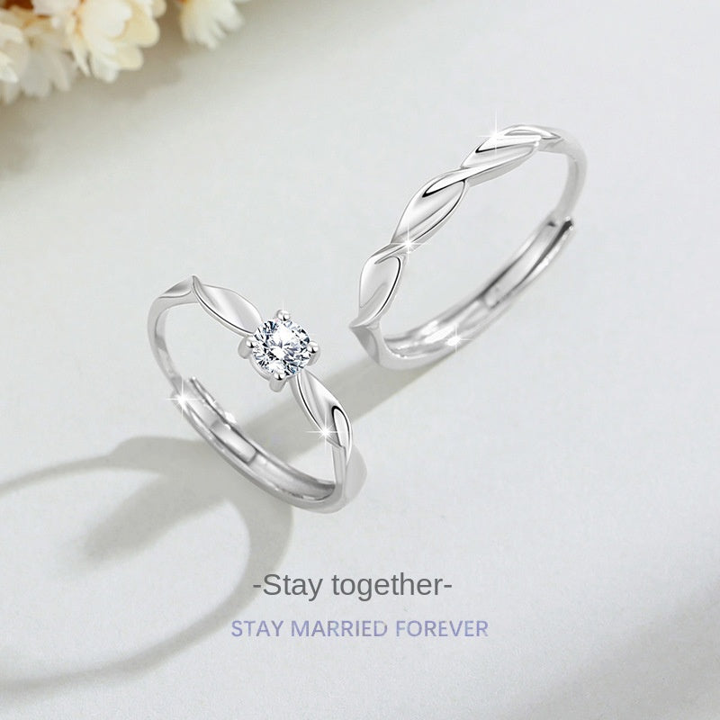 Mobius Silver 999 Couple&#039;s Ring For Men And Women Fashion Joker Four-claw Zircon Ring With Gable Pattern