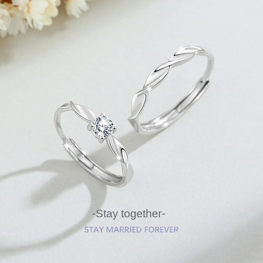 Mobius Silver 999 Couple&#039;s Ring For Men And Women Fashion Joker Four-claw Zircon Ring With Gable Pattern