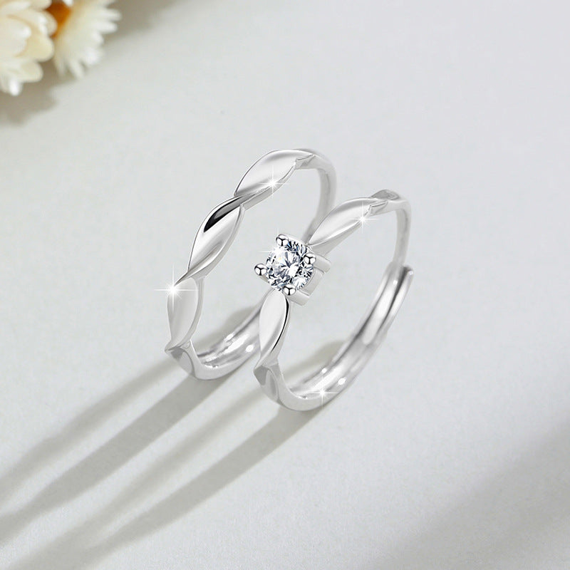 Mobius Silver 999 Couple&#039;s Ring For Men And Women Fashion Joker Four-claw Zircon Ring With Gable Pattern