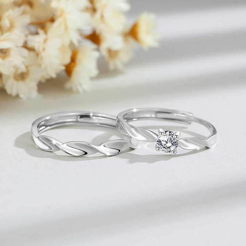 Mobius Silver 999 Couple&#039;s Ring For Men And Women Fashion Joker Four-claw Zircon Ring With Gable Pattern
